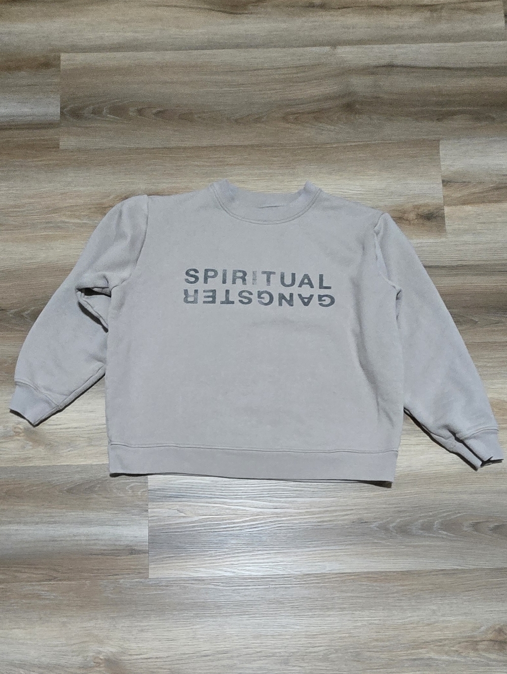 Spiritual Gangster Crewneck Sweatshirt - Light Taupe with Dark Gray Logo Size L